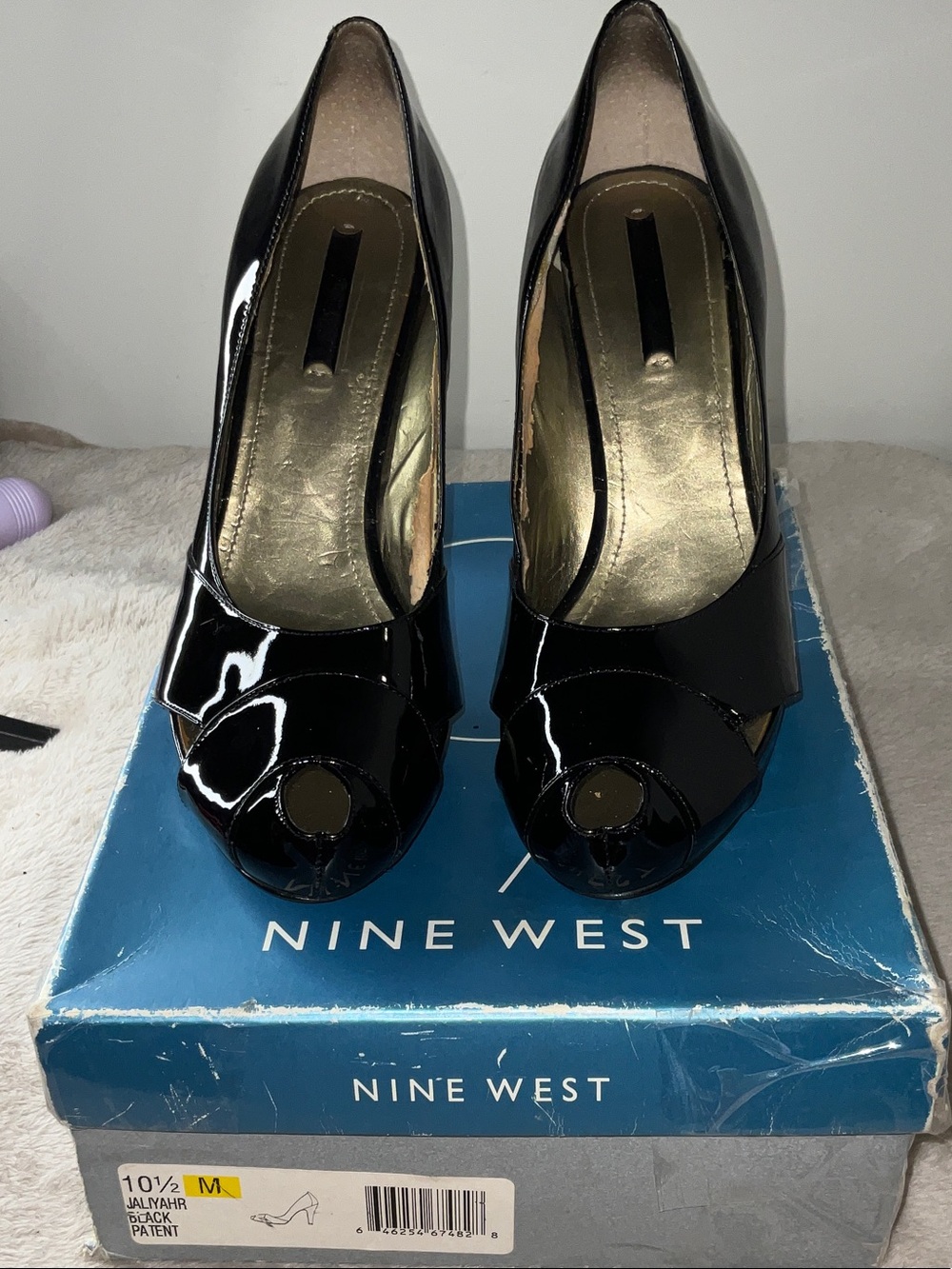 Nine West Jaliyahr Black Patent Peep-Toe Heels